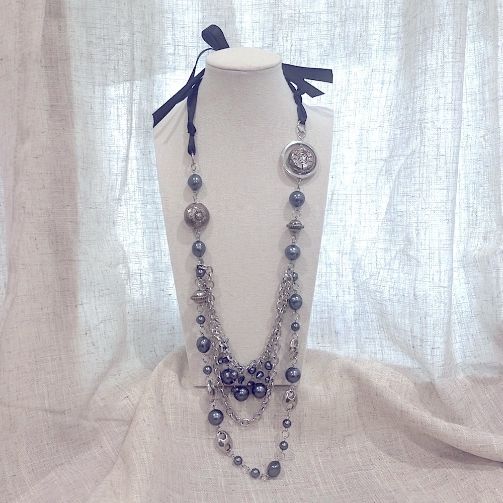 Ribbon Three Tiered Necklace with Gray Dangle Beads and Silver Beaded Links - Picture 2 of 10